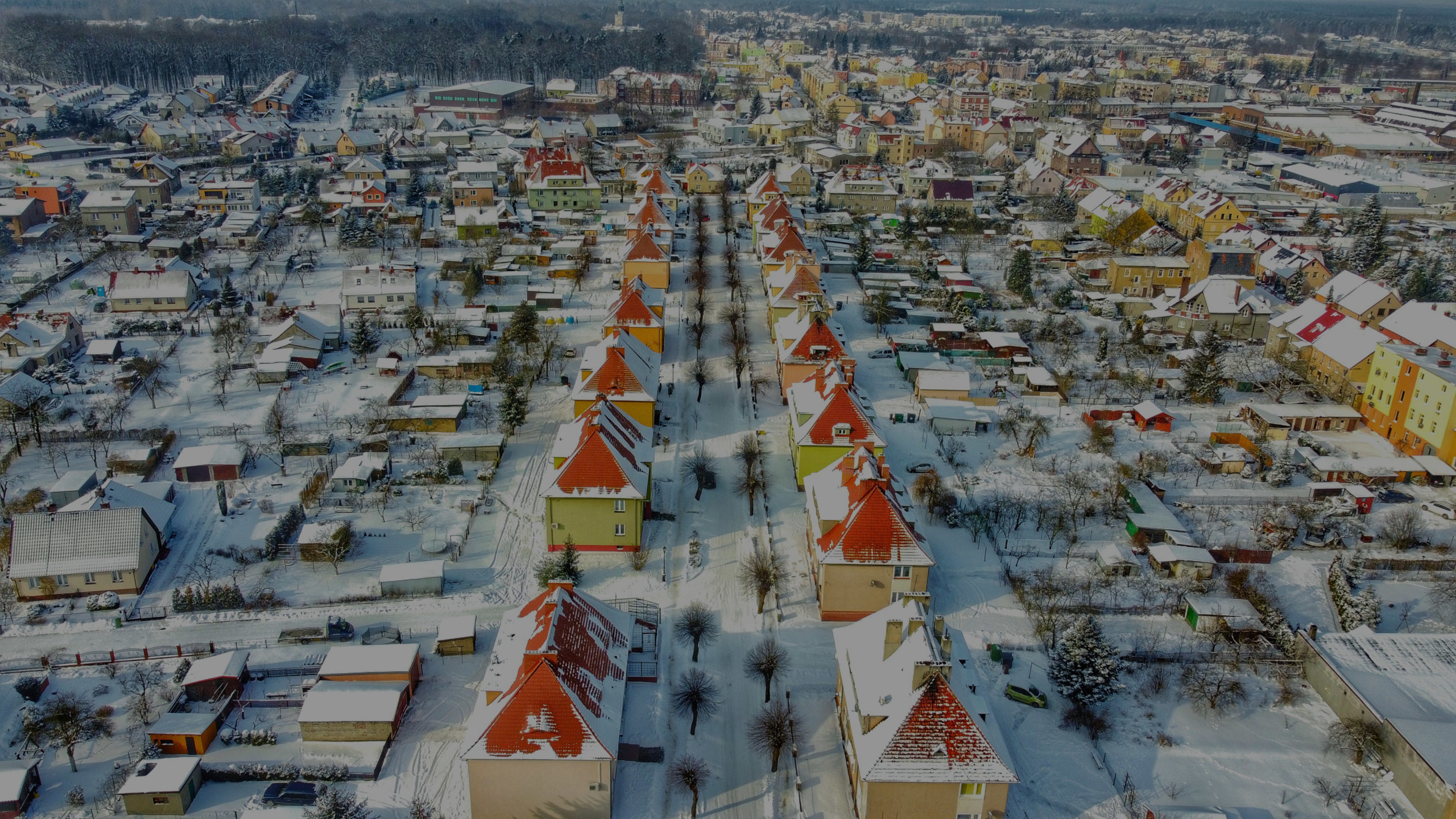 Qisok z góry na osiedle domów jednorodzinnych w zimowej scenerii